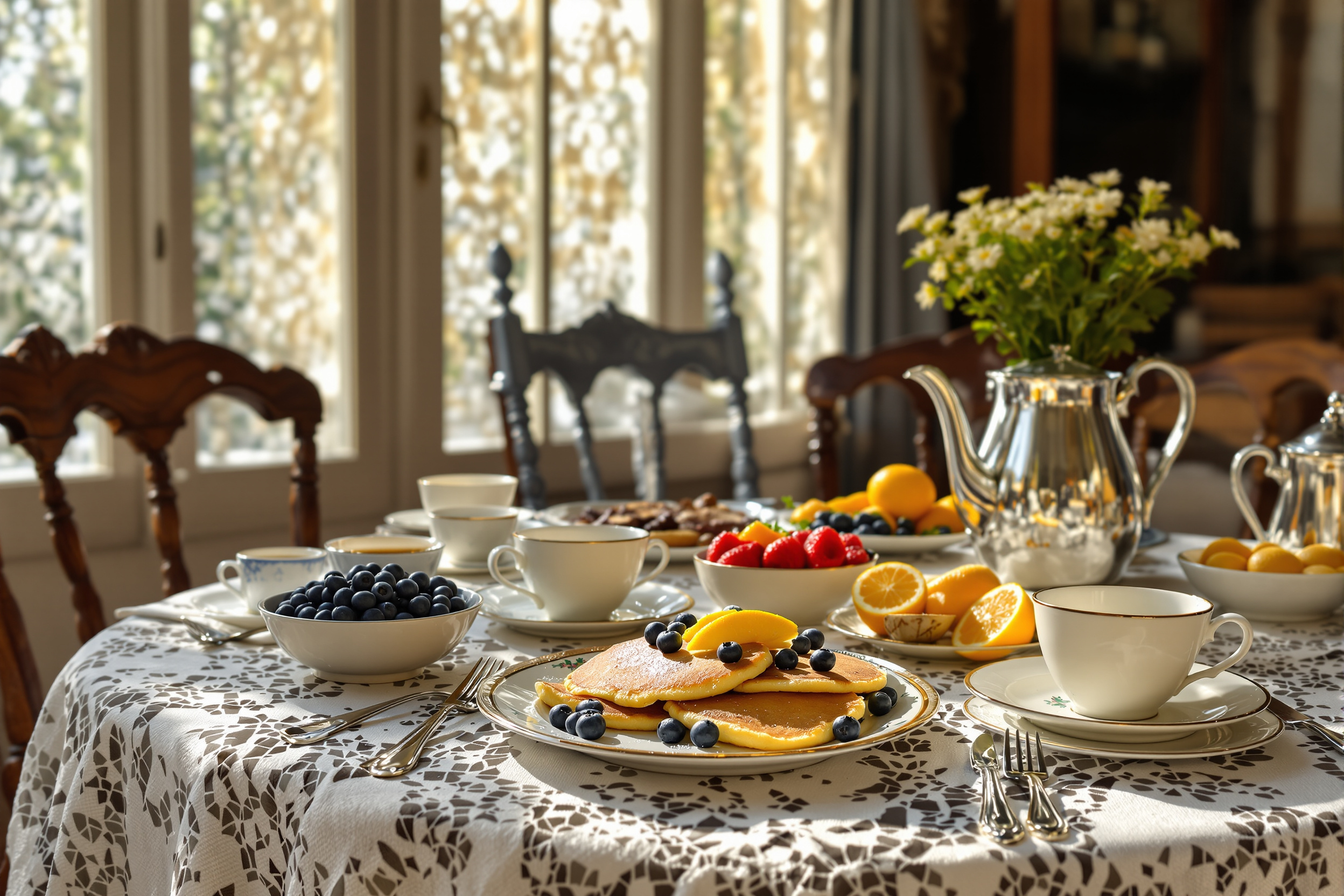 Victorian dining room table set for breakfast with blue corn pancakes, fruit, and coffee in china cups