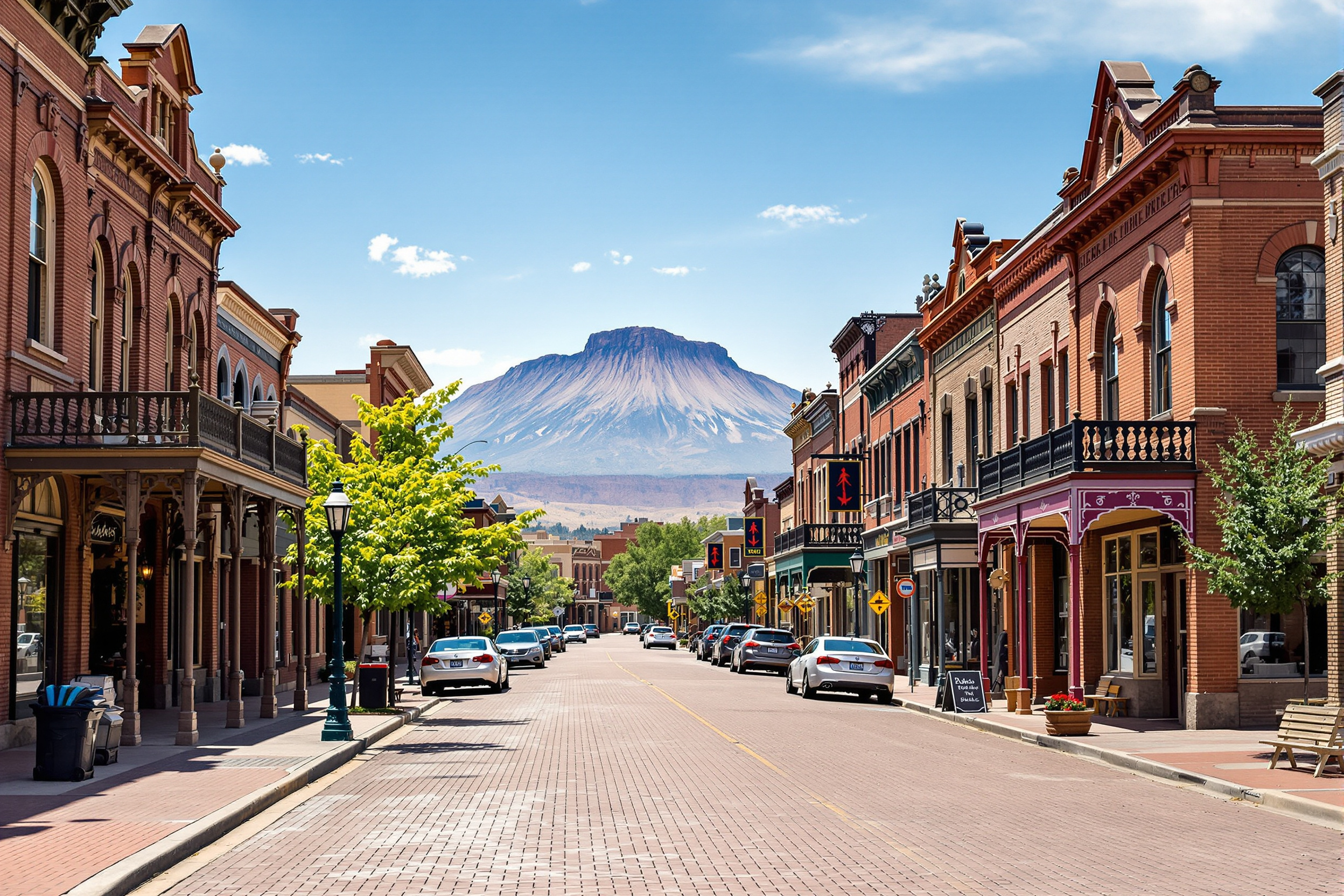 Victorian brick commercial buildings of Trinidad's historic downtown with a mesa visible beyond