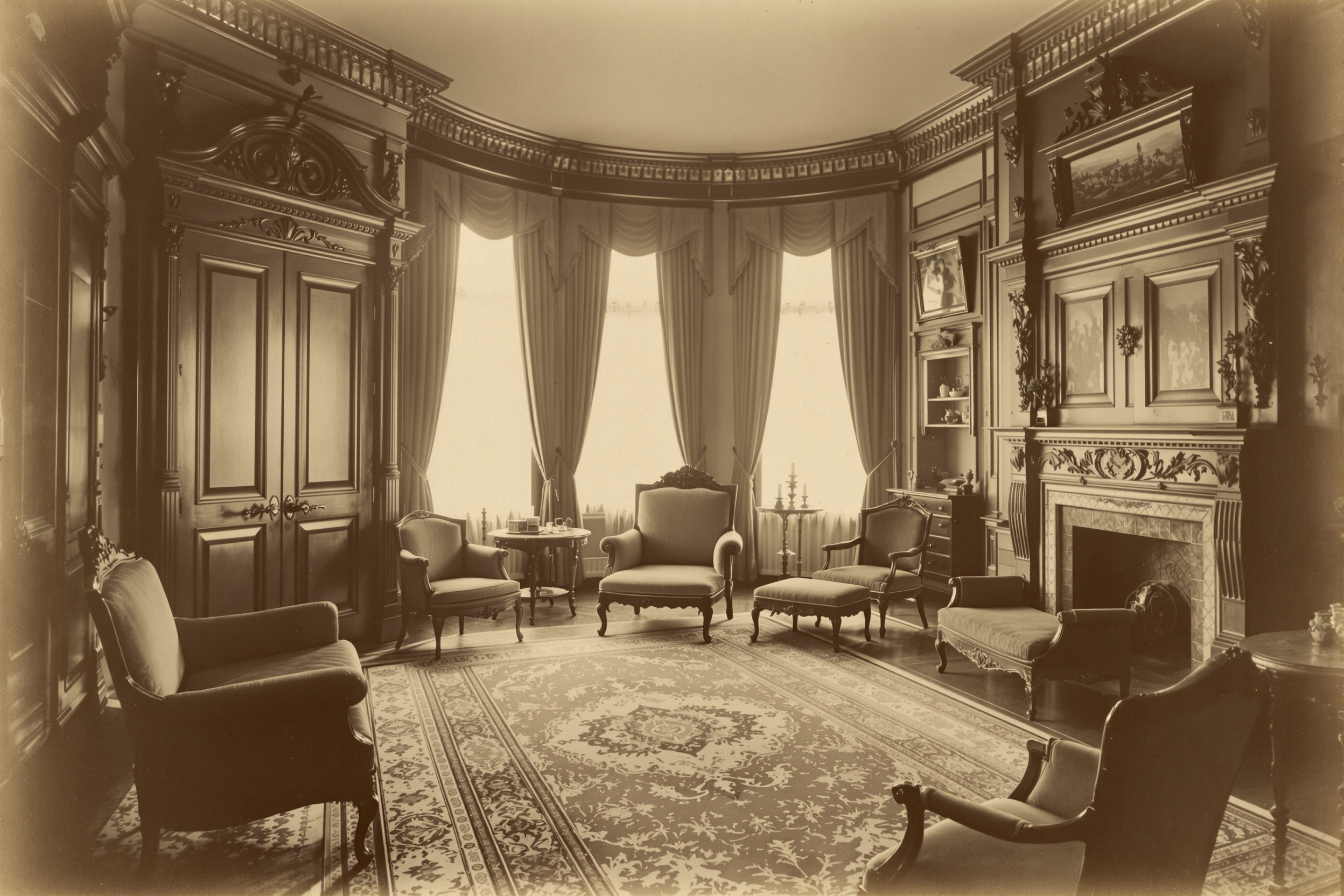 Sepia-toned Victorian parlor with ornate woodwork, persian rug, and lace curtains, circa 1910
